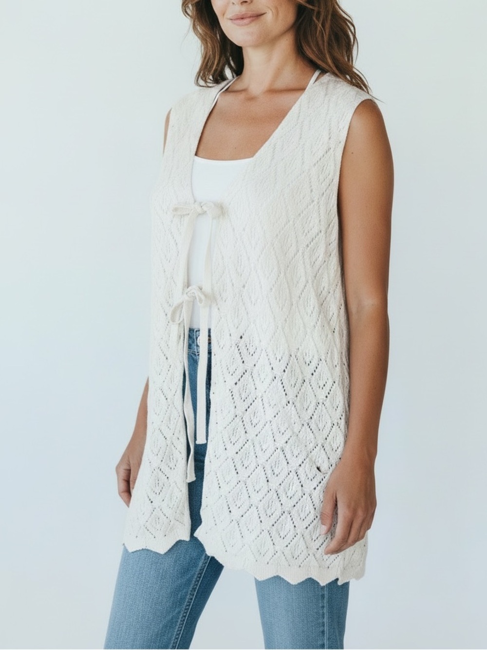 Open Front Pointelle Knit Tie Vest Duster Boho Cottagecore Sleeveless Cardigan